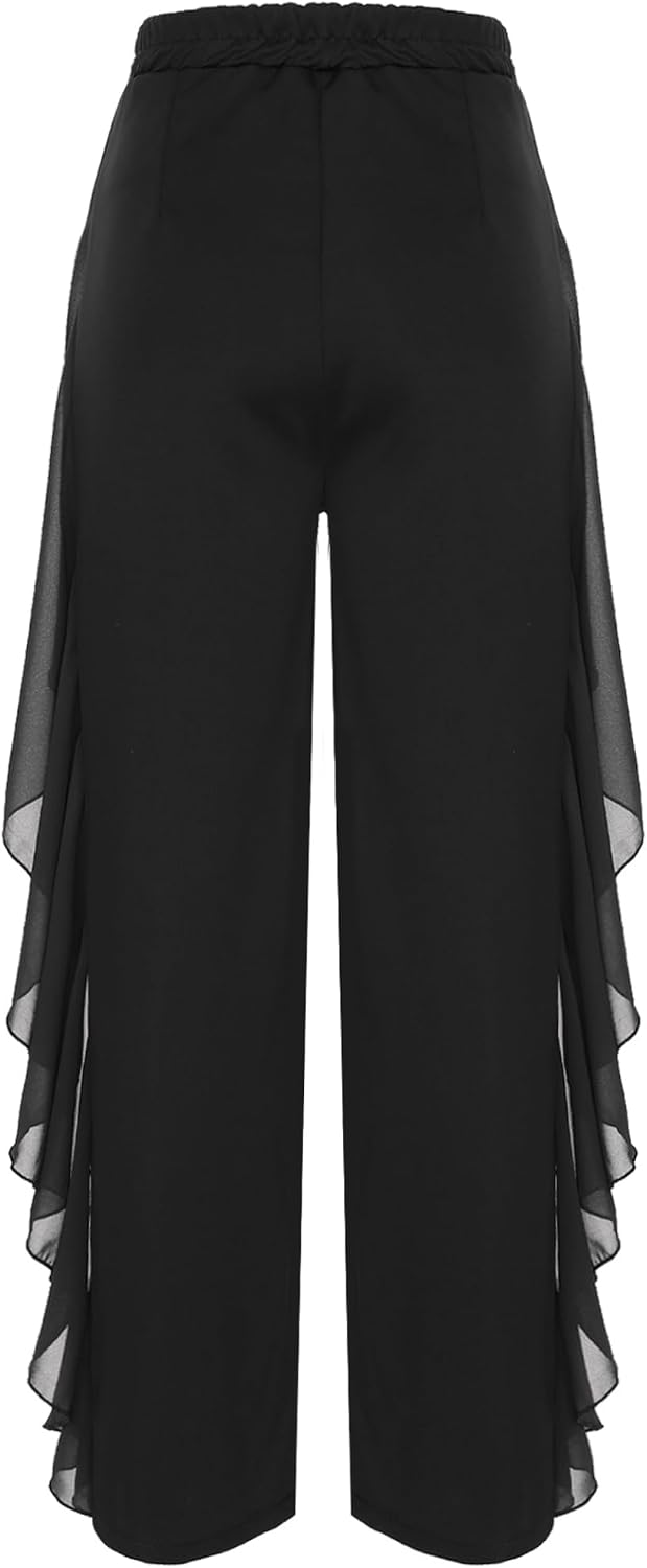 Women's Latin Dance Pants Elastic Waist Ruffled Drape Side Wide-Leg Trousers Modern Dance Practice Pants