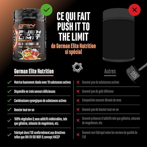 Push it to the Limit - Pré-entraînement avec L-arginine + citrulline + L-tyrosine + L-théanine + L-carnitine + AAKG + taurine + rhodiola rosea + caféine - Hautement dosé - 360 g - Mangue Fraise – Image 5