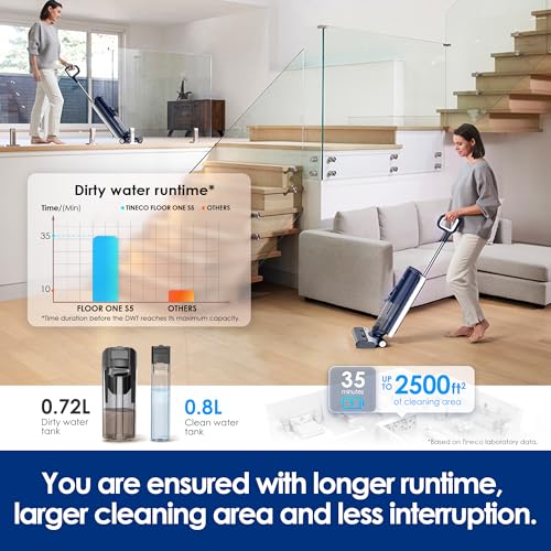 Tineco Floor ONE S5 Smart Cordless Wet Dry Vacuum Cleaner and Mop for Hard Floors, Digital Display, Long Run Time, Great for Sticky Messes and Pet Hair, Space-Saving Design, Blue - image 7