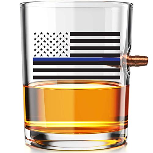 .308 Authentic Solid Copper Projectile Whiskey Rocks Glass - Thin Blue Line Police Flag