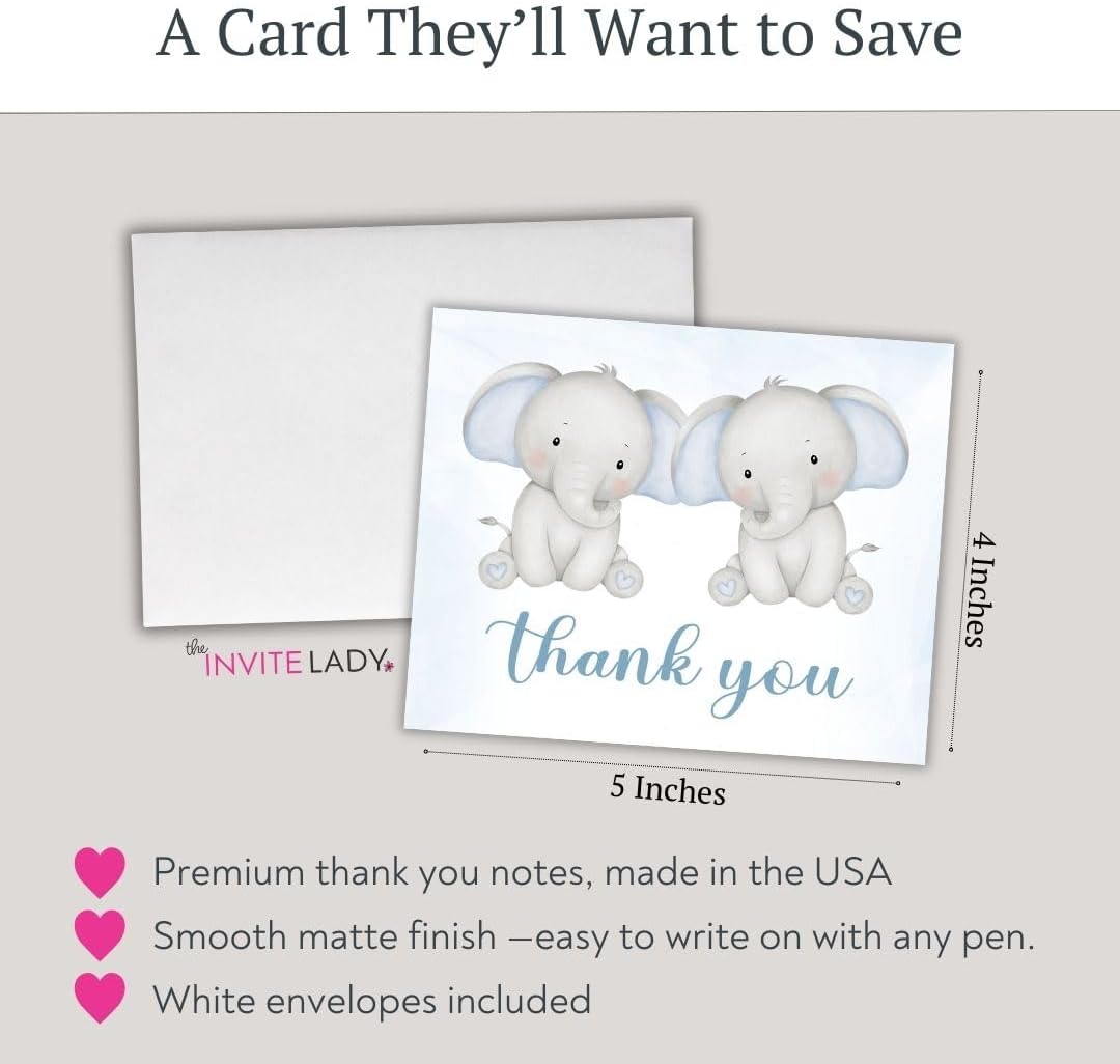 The Invite Lady Elephant Baby Shower Thank You Cards Watercolor Twins Unisex Gender Neutral Girl Boy Blue Pink Little Peanut Sprinkle Printed Folding Notes (24 Count)