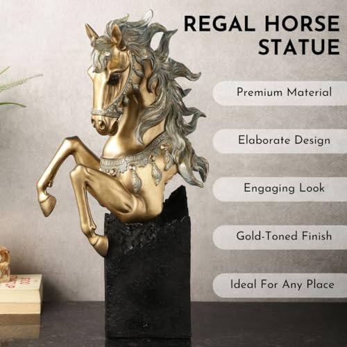 Image of ARMONIA Decorative Horse Statue | Gold-Toned Figurine with Silver Accents on Black Stand | Premium Art Decor Animal Showpiece for Home Decor | Elegant Gift for Living Room, Office,Christmas & New Year