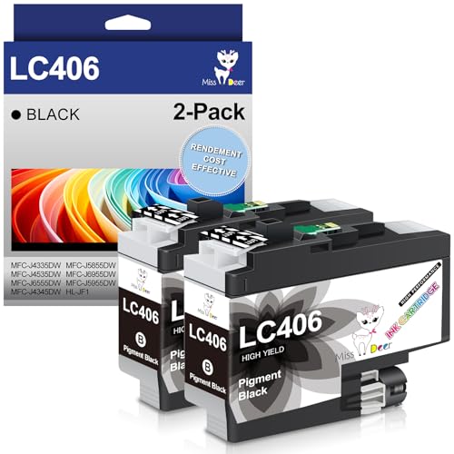 Image of Miss Deer LC406 Black Ink Cartridges, High Yield Compatible for Brother LC406XL LC406 Black Work for Brother MFC-J4335DW MFC-J4535DW MFC-J4335DW MFC-J5855DW MFC-J6555DW MFC-J6955DW Printer,2 Pack