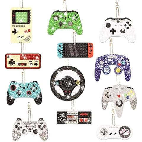 clothmile 12pcs Game Diamond Art Keychain Game Controller 5d Diamond Key Ring Double Sided Diamond Keychain Full Drill Diamond DIY Ornament for Boy Beginner Cover