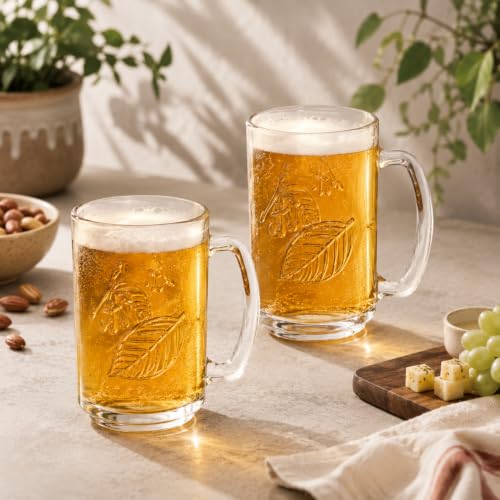 Image of WRINGO 390 ML Beer Mug | Premium Clear Glass Beer Mugs with Leaf & Petals Embossed Design | Heavy Base Beer Glasses with Handle | Large Drinking Mug for Beer, Juice, Soft Drinks & Cocktails Set of 2