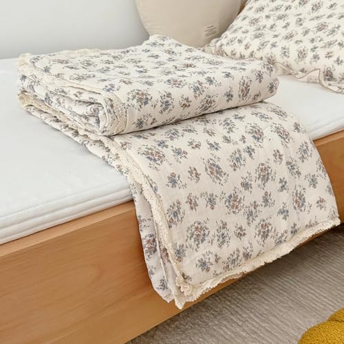 Image of BuLuTu French Country Blue Floral Quilted Blanket with Lace Edges, Muslin Cotton Toddler Bed Baby Crib Comforter Girls Boys Nursery Decor, 47 inchx59 inch, Soft Lightweight, Ballon Flower Print
