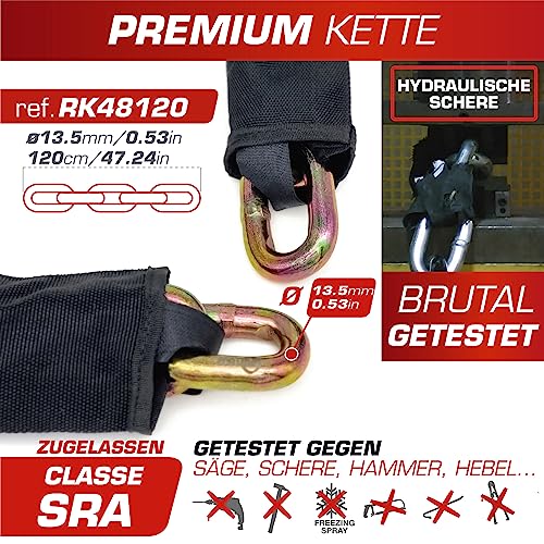 Radikal RK48120 Sicherheitskette mit Vorhängeschloss 13,5 ø 120 cm + 18 ø Scheibenschloss Hochsicherheits-Diebstahlsicherung SRA-Zulassung