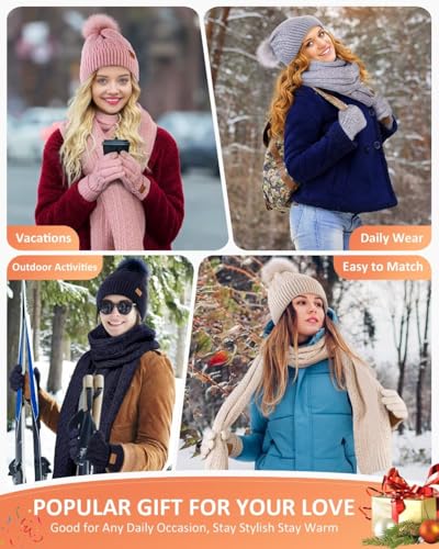 FISFET Mütze, Schal & Handschuh-Sets für Damen, Beanie Mütze Damen Winter mit Bommel Fleece Gefütterte, Touchscreen Handschuhe Schal Wärmer Cap 3 in 1 Set(Haferflocken)