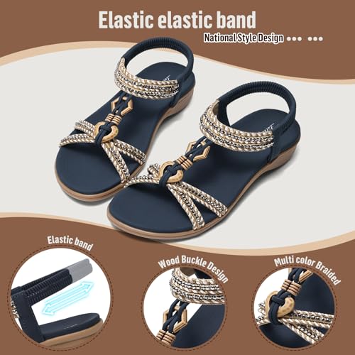 Littleplum Womens Sandals Arch Support Summer Flat Slides Ankle Elastic Walking Shoes Braided Beach Dressy Sandals for Women