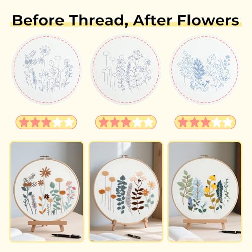 Image of HTVRONT 3 Pack Embroidery Kit for Beginners, Flower Pre-Printed Patterns | Step by Step Video,Includes Multiple Accessories, for Adults, Gift for Women Craft Lovers