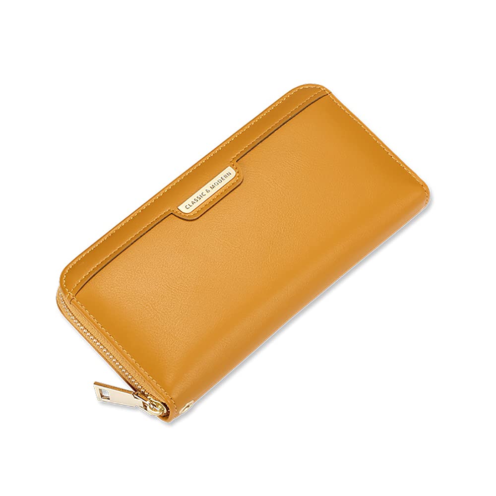 Ladies Long Purse Solid Color Zip Around Wallet - Large Capacity PU Leather Clutch with Card Slots and Phone Pocket (Yellow)