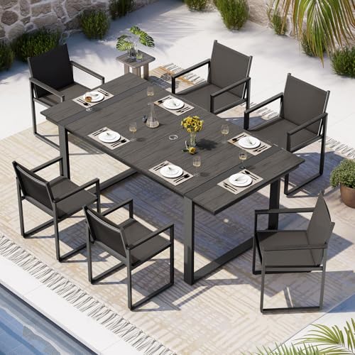 Image of Outdoor Dining Set, 7 Piece Aluminum Patio Furniture Set | Weather Resistant Outdoor Table and Chairs, HDPS Tabletop with Umbrella Hole, Textilene Mesh Chairs