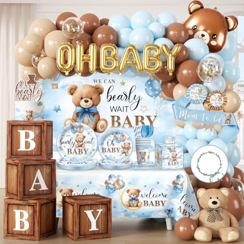 342Pcs Blue Bear Baby Shower Decorations Serves 25 All-in-1 Bear Party Decorations with Balloon Arch Kit Flower Crown Headband Plates Napkins Cake Topper Tablecloth Backdrop Blue Baby Shower Decor