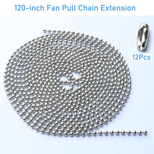 Image of 120-inch Ceiling Fan Pull Chain, Pull Chain Extension for Ceiling Fans and Light Fixture, Rust Proof Stainless Steel 3mm Beaded Ball Chain with 12 Matching Connectors (Silver)