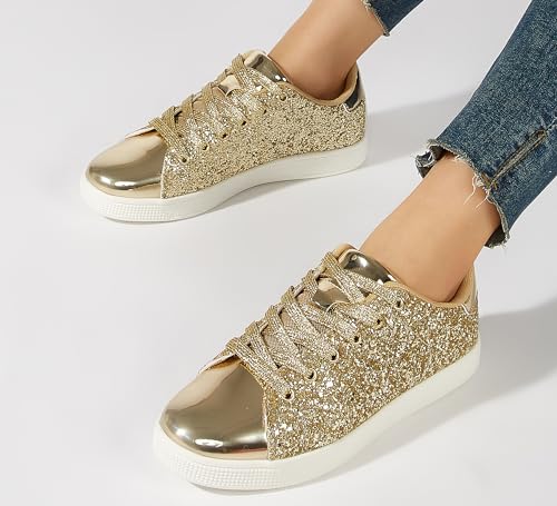 Image of LUCKY STEP Glitter Shoes Sparkly Bling Shiny Bedazzled Lace up Fashion Sneakers for Women