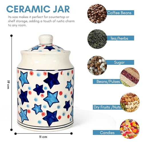 Image of Ceramic Pickle Jars For Storage Achar Chini Mati Barni Bharani Jars Jadi Jaadi Jadilu Pots Containers For Storing Salt, Tamarind Kitchen Storage With Lid, 850ML NON AIRTIGHT, Blue Stars