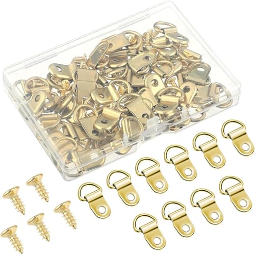 Image of 50Pcs D Ring Hangers Single Hole Hardware Set, Tie Down Anchors with Screws, Ideal for Hanging Pictures, Photo Frames, Paintings, Artworks, Christmas Accessories (Golden)