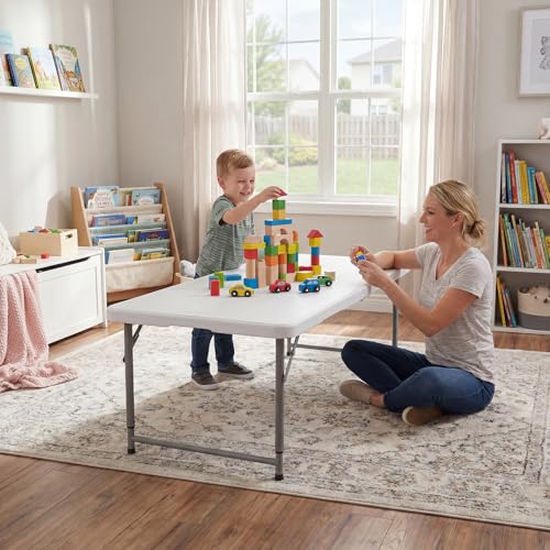 Image of Byliable Folding Table 4 Foot, Heavy Duty Portable Plastic Fold-in-Half Utility 4ft Folding Table with Carrying Handle for Indoor Outdoor, Camping Picnic Party, White
