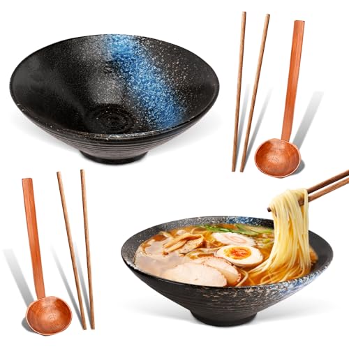 HOMIKLSA 2 Cuencos de Ramen Cerámicos con Cuchara y Palillos - 1000ml Tazones Japoneses Multifunción para Sopas, Ensaladas y Pasta, Diseño Tradicional con Acabado Antimanchas(azul)