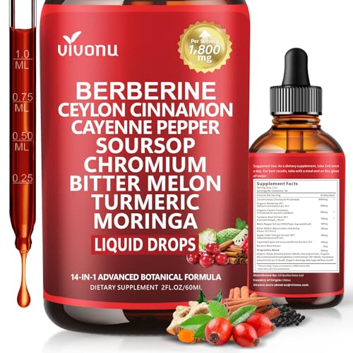 14-in-1 Berberine with Ceylon Cinnamon Supplement Liquid Drops, 1800mg + 30:1 Liposomal Tech with Cayenne Pepper, Soursop, Chromium, Bitter Melon, Turmeric, Moringa, Gymnema, Glucomannan, GLP Support
