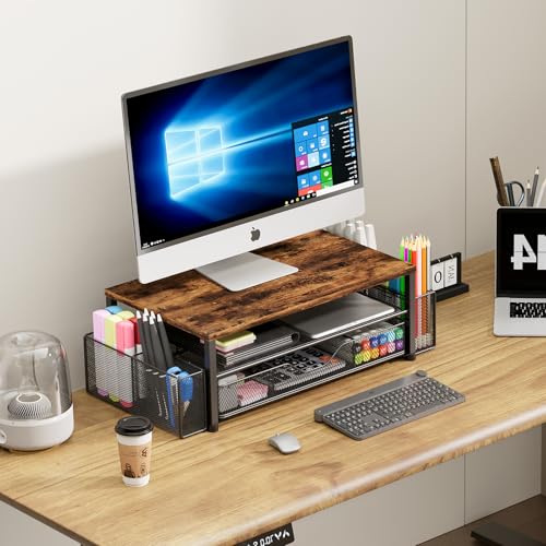 Image of OPNICE Desk Organizer and Accessories, 2-Tier Computer Monitor Stand Riser with Drawer and 2 Pen Holders, Laptop Stand, Office Desk Accessories for Office Supplies, 1 Pack, Brown