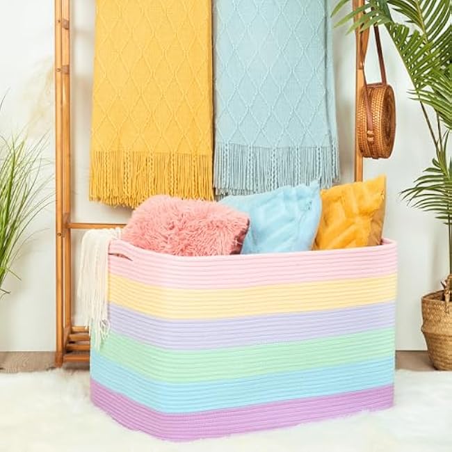 MINTWOOD Design 112L Extra Large Blanket Basket Holder Living Room, 25x17x16 Rectangle Rope Woven Storage Basket with Handles for Laundry, Towels, Shoes, Dog Toy Organizer Bin Box, Pastel Rainbow