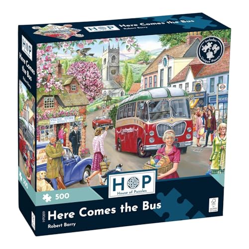 The House of Puzzles | Here Comes the Bus 500 Piece Jigsaw Puzzle | Towns and Villages Theme | Artwork by Robert Barry