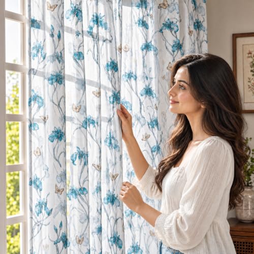 Image of HOKIPO Iris Sheer Curtain 7 Feet Long 1 Panel, Floral Print, Blue