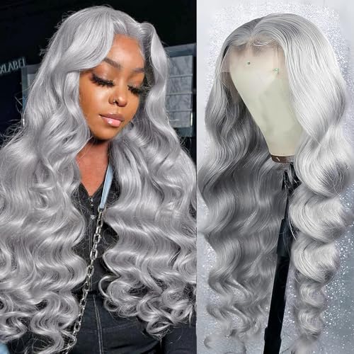 ELFSECRET 13x6 Grey Lace Front Wigs Human Hair Pre Plucked with Baby Hair 180 Density Glueless HD Transparent Lace Frontal Body Wave Wigs Human Hair for Black Women Silver Grey Colored Wig 22 Inch