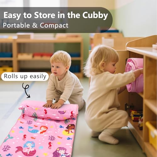 Image of Primlect Toddler Nap Mat with Removable Pillow and Fleece Blanket, Extra Large 55''x35'' Sleeping Bag, Washable, Light, Easy to Roll up, Perfect for Daycare, Preschool, Kindergarten, Travel