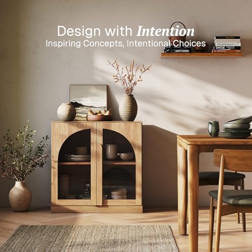 Image of BELLEZE Bijou 31.5 inch Modular Sideboard Cabinet - Expandable Design with Arched Glass Doors - Use Solo or Combine for Buffet, Living Room Media Center & Entryway - 70lbs Capacity, Camel