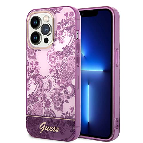 Coque iPhone 14 Pro Guess rigide fuchsia et noir Porcelain Collection