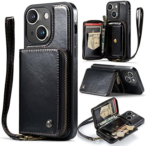 DTRAIN Wallet Case Compatible with iPhone 14,PU Leather Flip Case with Lanyard Strap Wristlet,RFID Credit Card Holder and Zipper Pocket for Women and Man(Black)