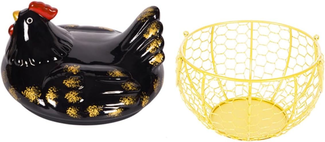 Homoyoyo Rustic Metal Egg Basket with Black Chicken Lid and Gold Wire Frame, Food Storage Organizer for Kitchen Countertop, Iron Wire Fruit and Vegetable Basket for Home Storage