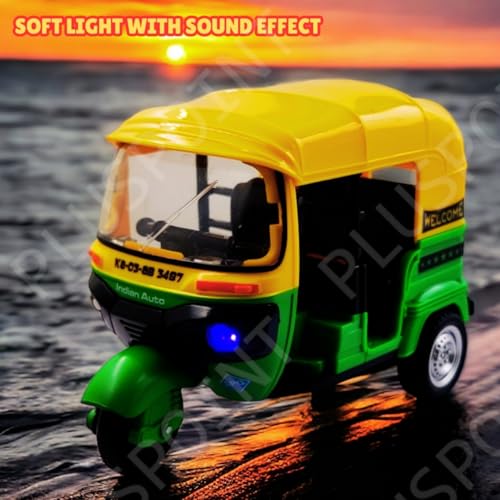 Image of PLUSPOINT Auto Rickshaw Toy,with Pull Back Action City Traffic Vehicles Public Transport Toy with Light and Sound for Aged 3 4 5 6 Boys and Girls,Kids Party Favors Gifts (Green)