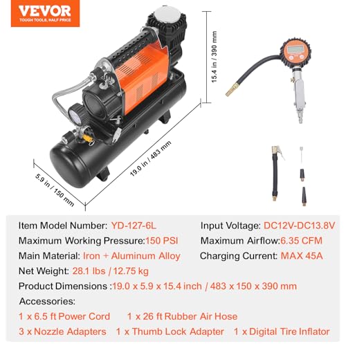 Image of VEVOR 12V Heavy Duty Air Compressor with 6L Tank Kit, 6.35 CFM Portable Tire Inflator, 150PSI Offroad Air Compressor with Digital Pressure Gauge Tire Inflator for Trucks Car SUV 4 x 4 Vehicle RV