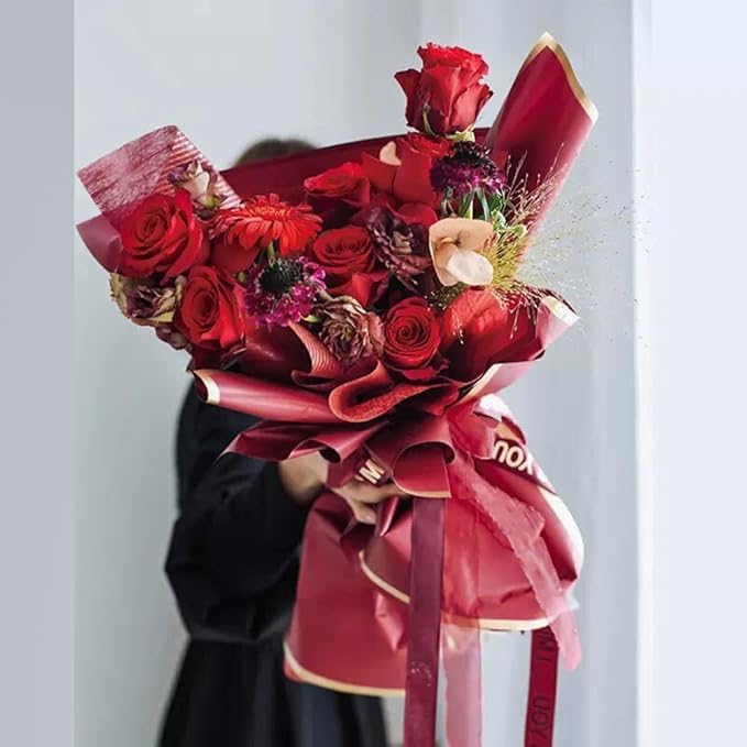 Image of Zarwani - 10 Sheets Korean Style Waterproof Maroon Bouquet Wrapping Paper (58cm x 58cm, 60 Microns) | Golden Border Design, Giftwrap for Flowers & DIY Gift Wrapping Paper (10, Gold Border Maroon)