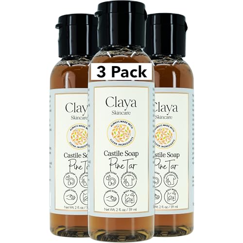 Image of Claya Pine Tar Liquid Castile Soap - Organic Ingredients, Biodegradable, Gentle for Sensitive Skin, Versatile Use and Travel Size (3 Pack of 2 fl oz)