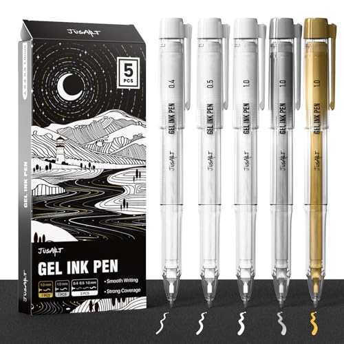 JusArt Stylo blanc, doré et argenté, pointes assorties de 0,4 mm,0,5 mm et 1 mm,encre opaque pour papier noir,idéal pour le journaling et les loisirs...