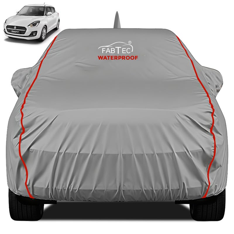 FABTEC Waterproof Premium Car Cover for Maruti Swift 2024 Super Waterproof Car Body Cover Heavy Duty Durable PEVA Grey with Red Piping