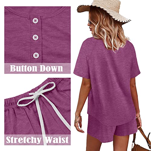 Image of WIHOLL Two Piece Outfits for Women Lounge Sets Button Down Top and Shorts Set Sweatsuits with Pockets