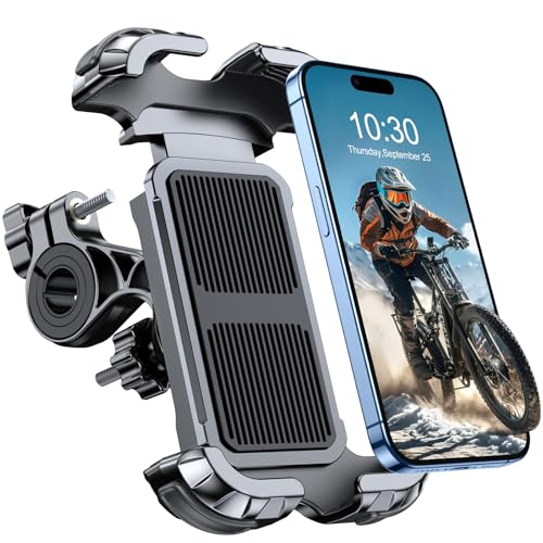 Rolgno Soporte Movil Bicicleta, [Bloqueo con un Botón] [Sujeción Segura] Soporte Móvil Moto, 360° Rotación Soporte Telefono Moto Bici Compatible con iPhone16/15 Pro Max, Galaxy (4.7'- 6.8') Smartphone