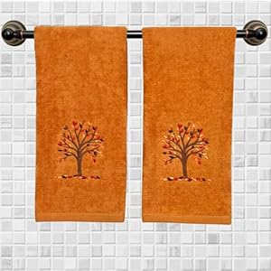 Serafina home fall bath hand towels bathroom decor farmhouse terracotta rust cotton towels with autumn tree falling leaves 2 piece set  urban country home decor