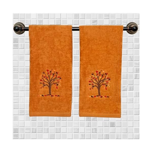Serafina home fall bath hand towels bathroom decor farmhouse terracotta rust cotton towels with autumn tree falling leaves 2 piece set  urban country home decor