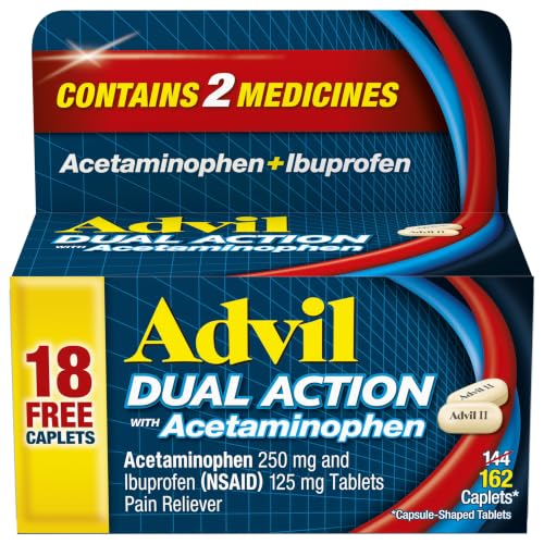 Advil Dual Action Coated Caplets with Acetaminophen, Ibuprofen 125 Mg and Acetaminophen 250Mg, 144 Count, 18 Bonus Caplets