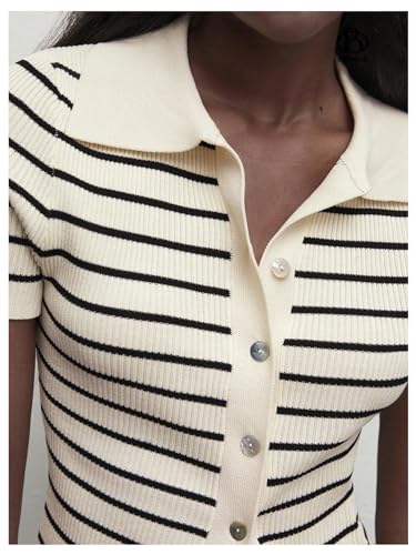 Verdusa Women's Old Money Striped Knit Tops Button Down Short Sleeve Sweaters Collared Tee Tops3