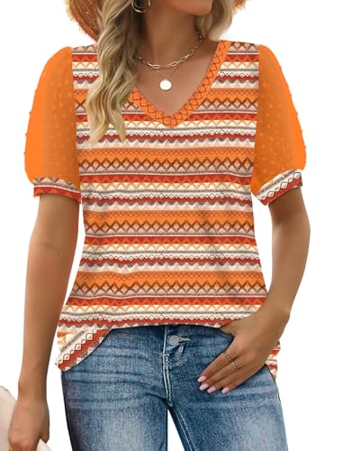 Image of Aokosor Womens Summer Tops V Neck T Shirts Swiss Dot Puff Sleeve Tops Loose Casual Tshirts