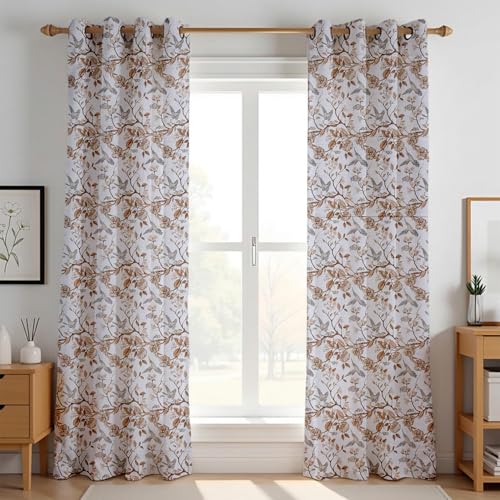 Image of LINENWALAS Cotton Sheer Curtains for Window - Light Filtering 5 Feet Set of 2, Aesthetic Cafe Curtain Floral Printed Drapes with Grommet Hanging - (L 5FT x W 4.5FT, Whispering Wings)