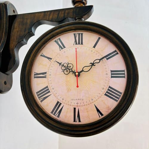 Image of Vintage Double-Sided Wall Clock, Antique Victorian Hanging Clock with Bracket, Silent Quartz Movement, Roman Numerals, Rustic Farmhouse Decor for Home & Office (Black)