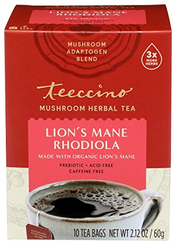 Teeccino Caffeine-Free Mushroom Adaptogenic Herbal Tea - Lion’s Mane Rhodiola Tea - Rose, 3x More Herbs than Regular Teas, Lightly Sweet from Dates & Figs, Chicory Prebiotic - 10 Tea Bags